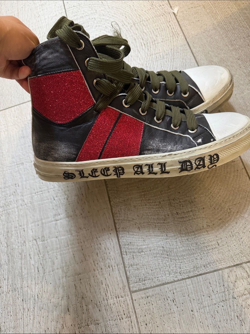 AMIRI Black High-Top Sneakers with Red Glitter Panels